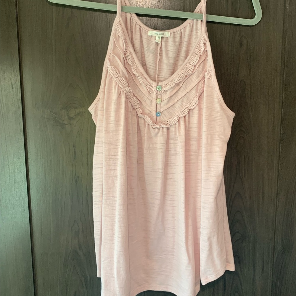 Pink slub knit tank with lace